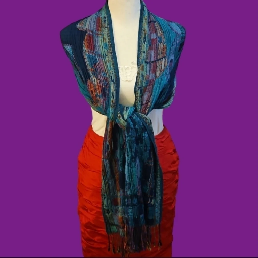 VTG Handwoven Turquoise Multi-color Rainbow Crinkle Fringe Scarf